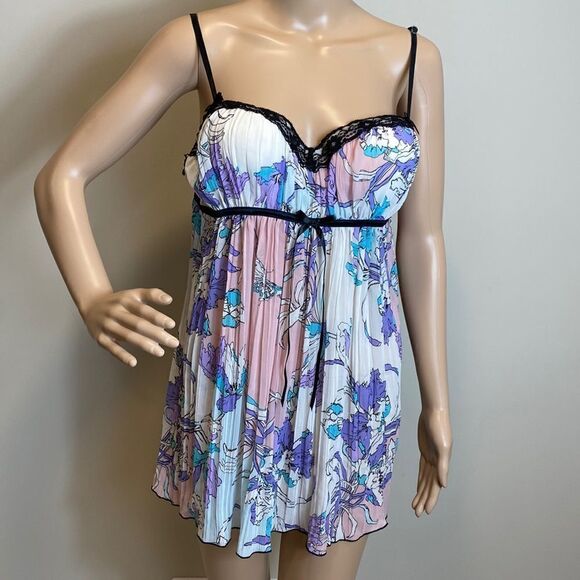 Linea Donatella lace trim floral print semi-sheer babydoll size L - Picture 1 of 6